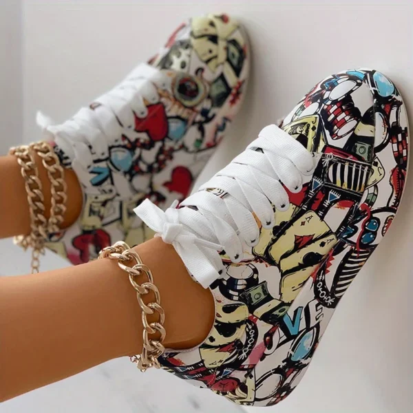 Women's graffiti print sneakers, fashion lace-up low-top platform sneakers, casual skateboard shoes - Image 2
