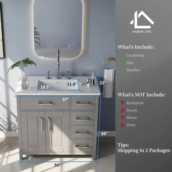 36" Bathroom Vanity with Sink Combo, Modern Undermount Small Single Bathroom Cabinet Set, Includes 37" Countertop - Image 2