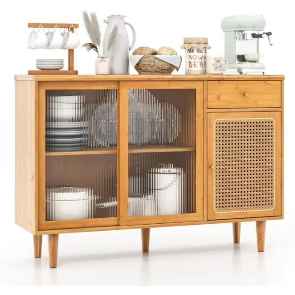 Modern Bamboo Sideboard with Tempered Glass Sliding Doors, for Living Room Hallway