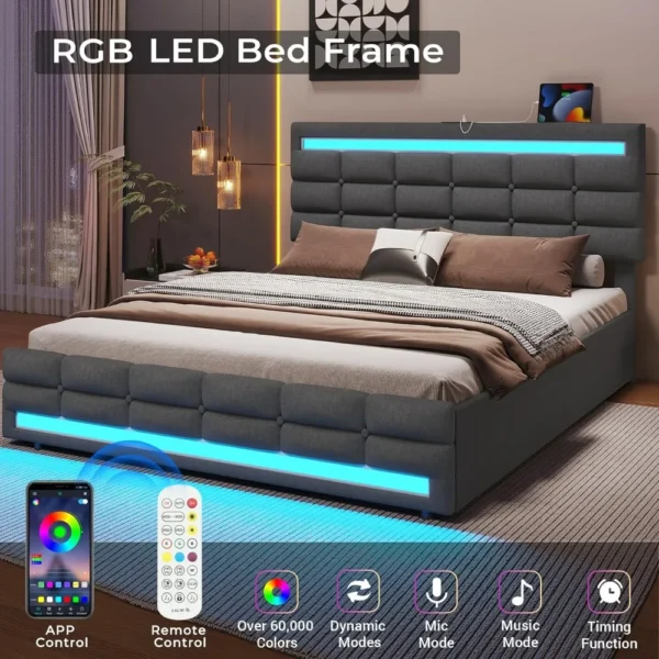 LED Bed Frame w 4 Drawers and 2 USB Charging Station, Upholstered Platform Queen Size Bed Frame w LED Lights Headboard Footboard - Image 4